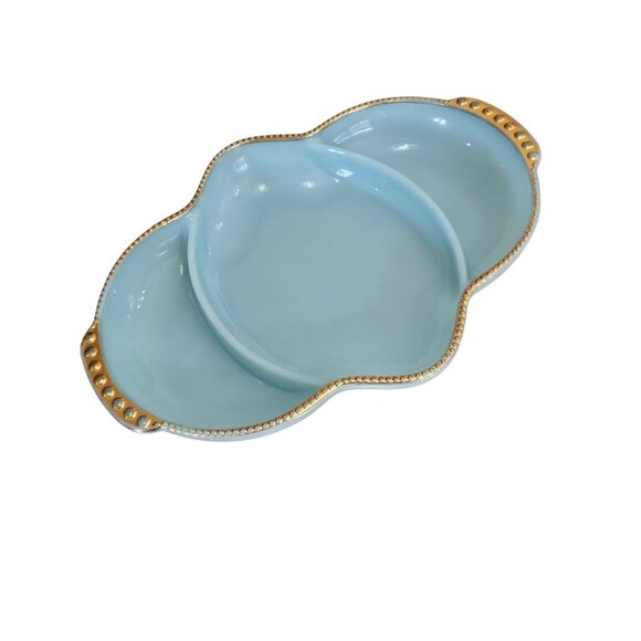 Fire King Delphite Serving Tray 11" long 3-section plate gold trim vtg midcentur - Picture 2 of 11